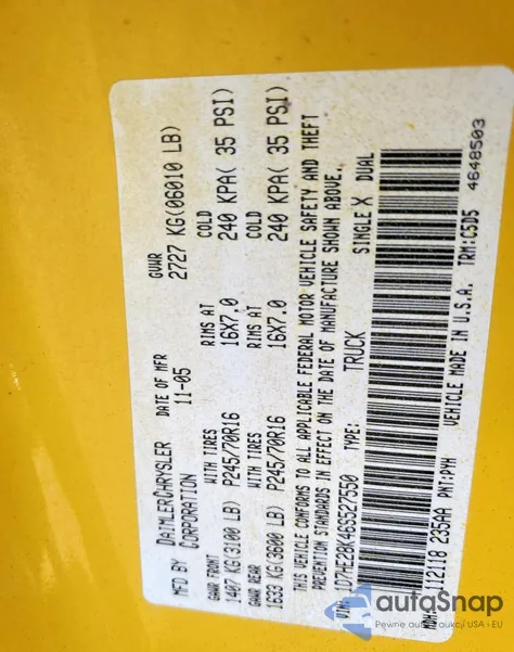 2006 Dodge Dakota Quad z USA, uszkodzony, nr VIN 1D7HE28K46S527550